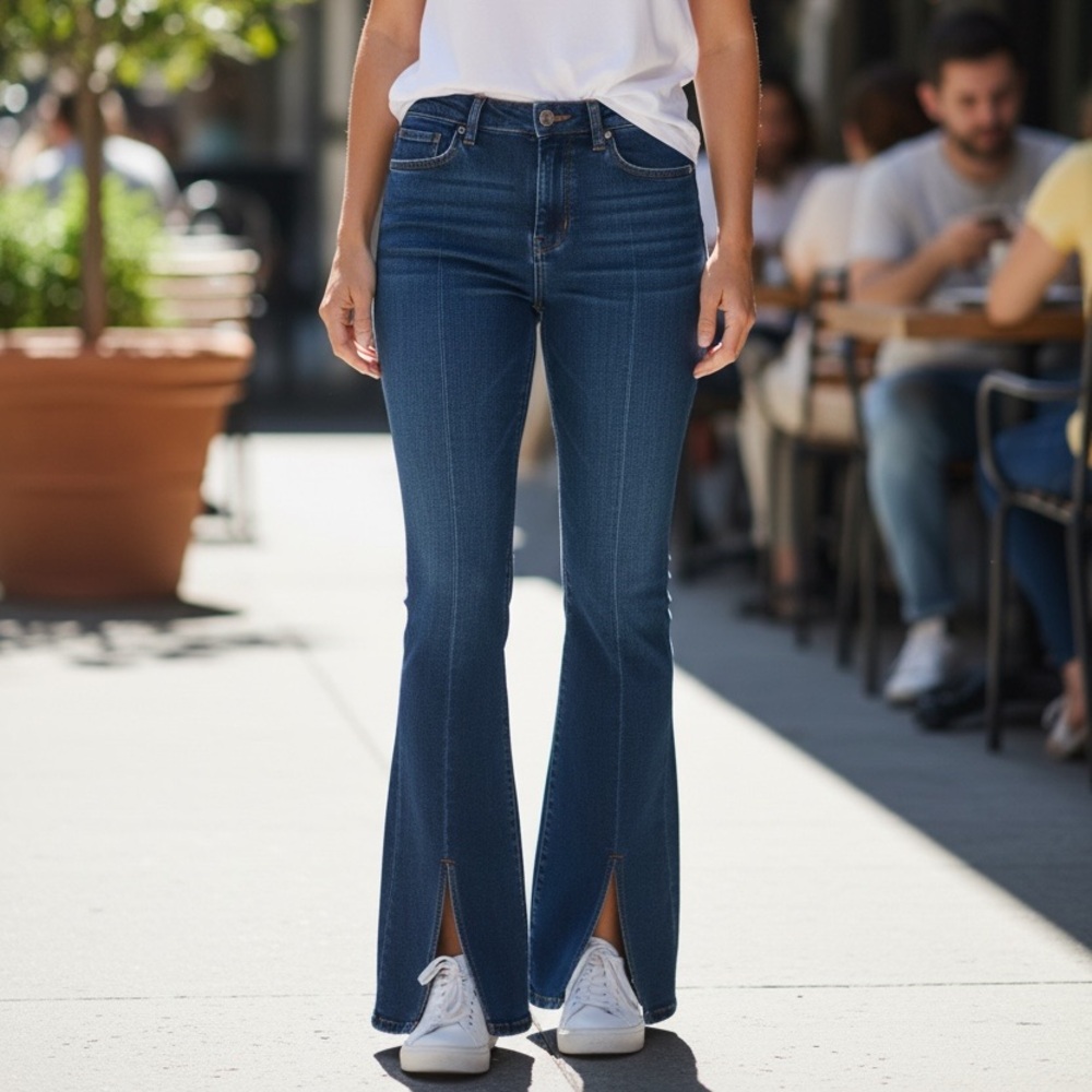 MNG Mango Bria High Rise Flare Jeans 32 EUR Dark Wash Front Slit Hem Stretch